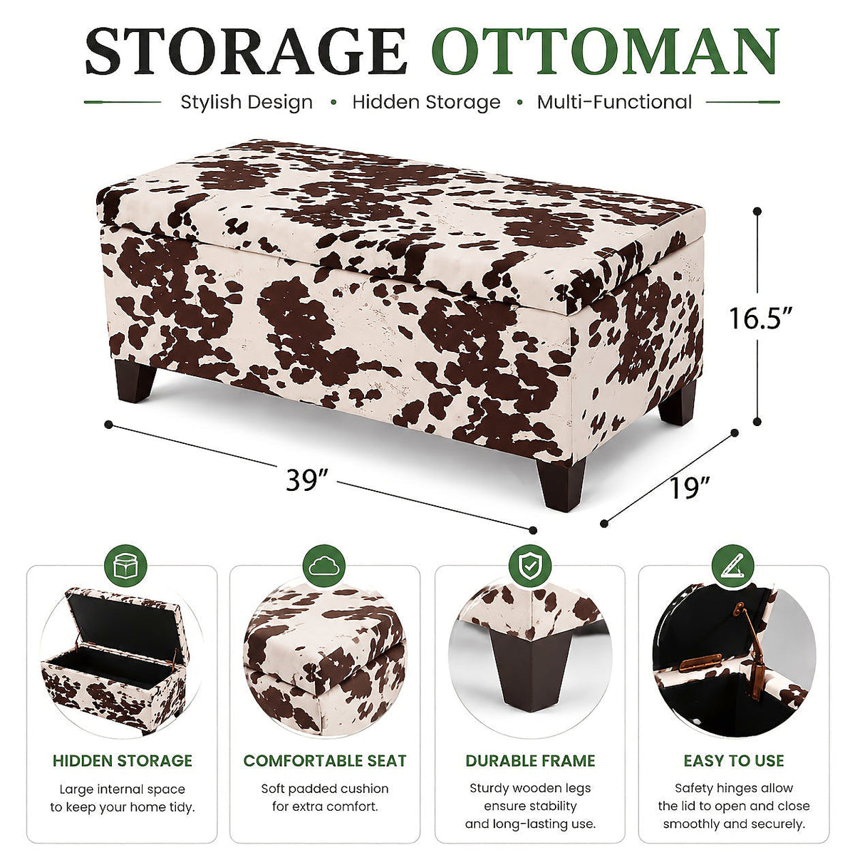 Dimension diagram of cow-print storage ottoman