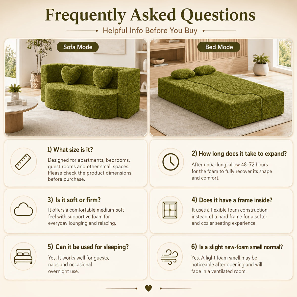 Supplier FAQ graphic showing the green loveseat in sofa and bed modes