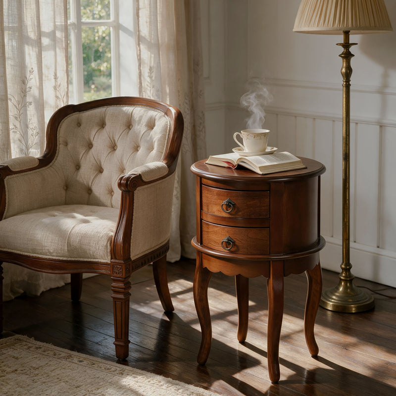 Cherry-finish round two-drawer side table beside a classic armchair.