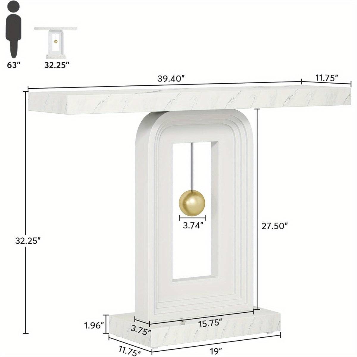 White pendulum console dimensions showing 39.4-inch width, 11.75-inch depth and 32.25-inch height
