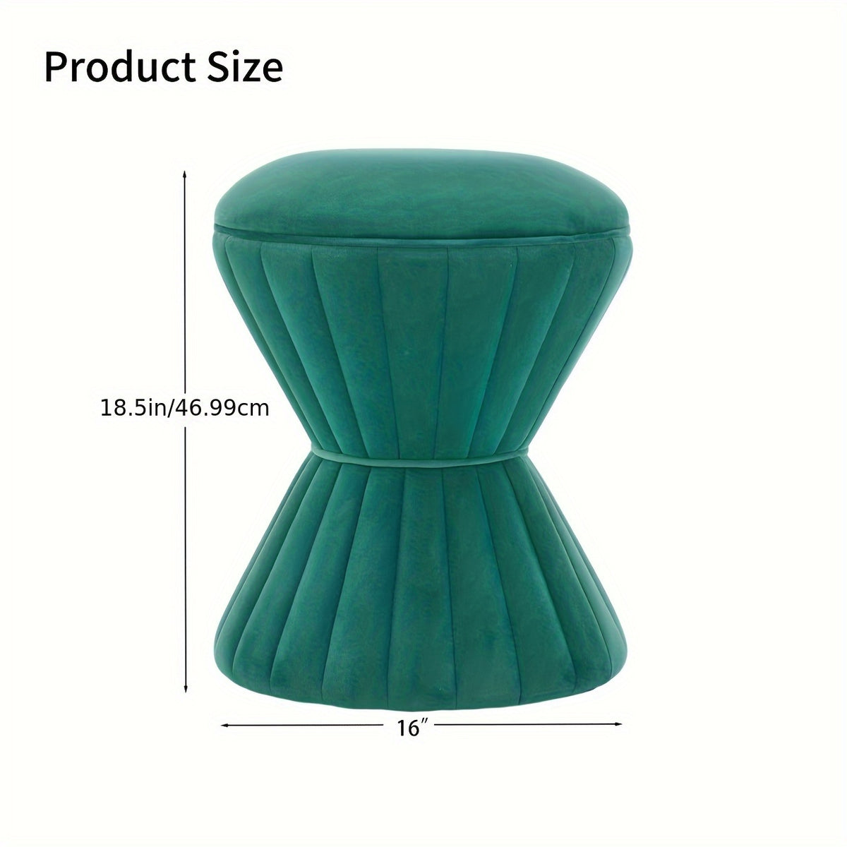 Green ottoman dimension diagram showing 18.5-inch height and 16-inch width