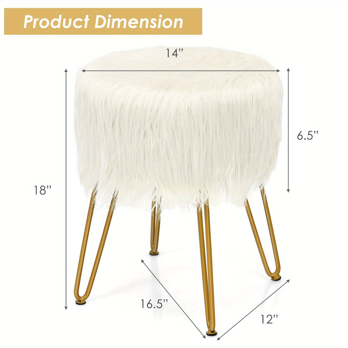 White vanity stool dimension diagram showing 14-inch cushion width and 18-inch height