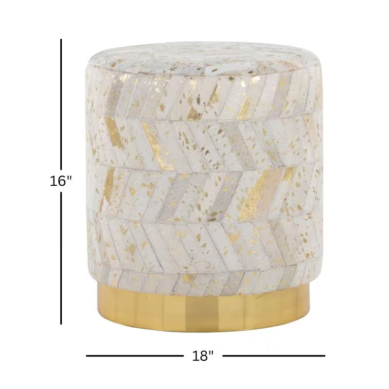 Ivory and Gold Chevron Leather Ottoman — overall diameter and height dimensions diagram