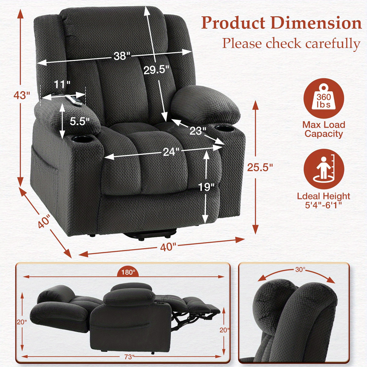 Dimension diagram of the gray recliner in upright and extended positions