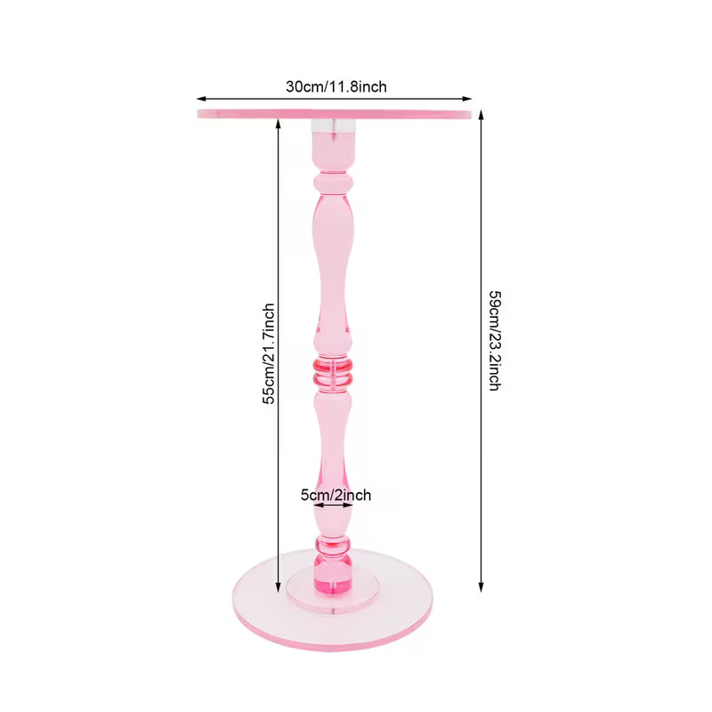 Dimension diagram showing the pink acrylic table at 11.8-inch diameter and 23.2-inch height