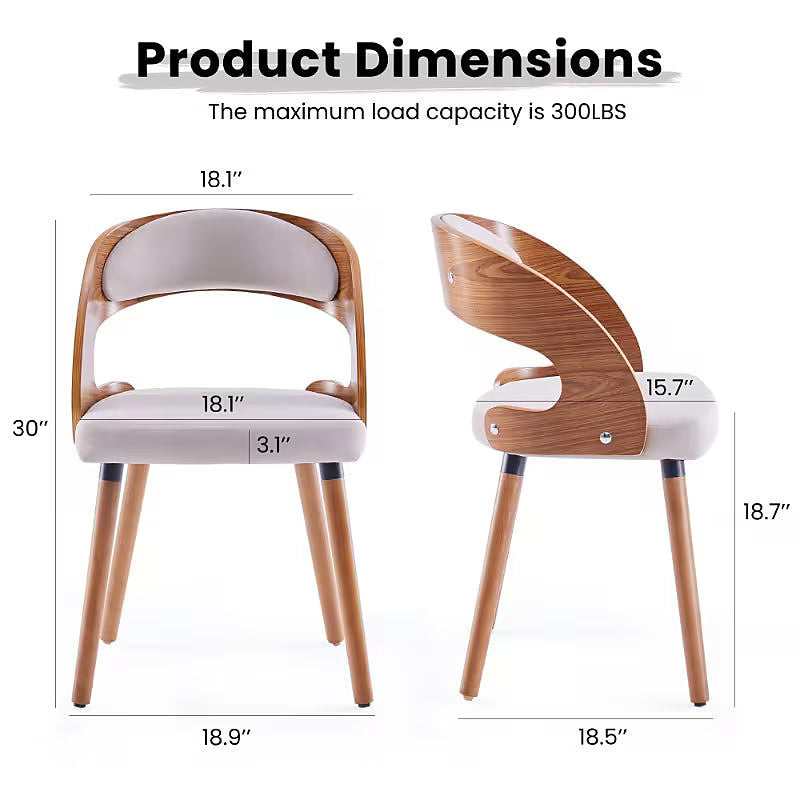 White upholstered dining chair with a curved brown wood look back — dimension diagram