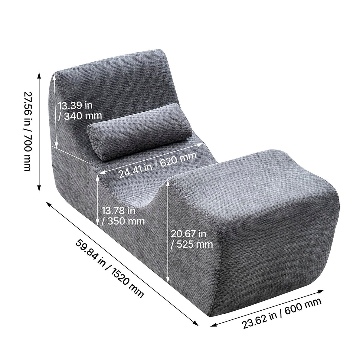 Gray fabric foam yoga chaise with a lumbar pillow — dimension diagram