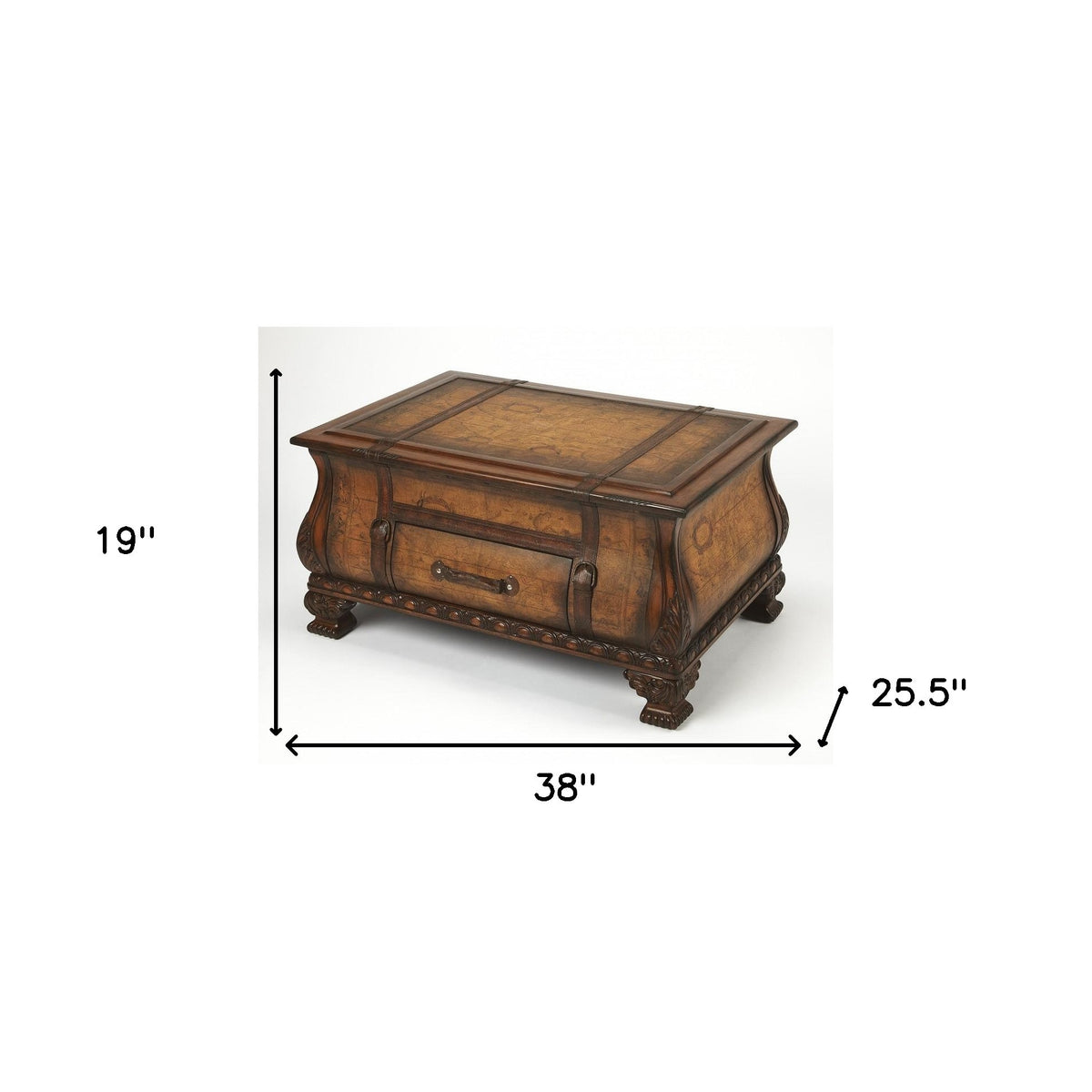 Dimension diagram for 38-inch map-print bombe coffee table