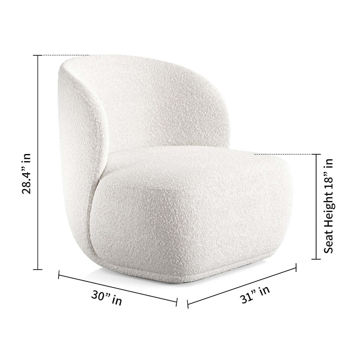 Tuva chair dimensions showing 31-inch width, 30-inch depth, 28.4-inch height and 18-inch seat height