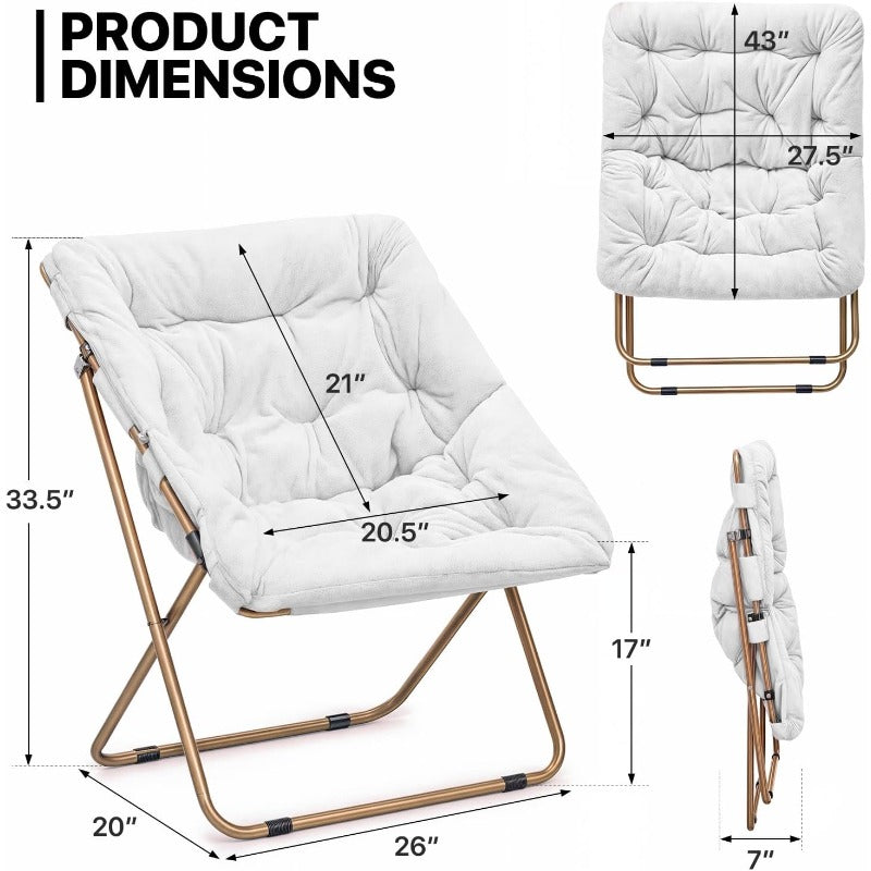 White folding-chair dimension diagram showing open and folded positions