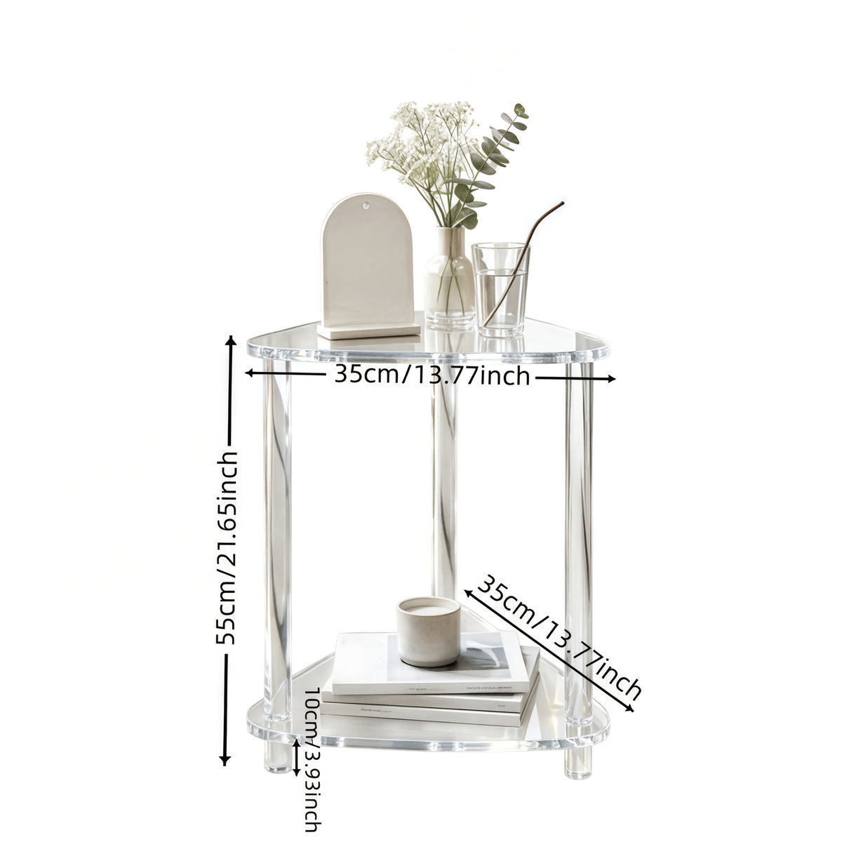 Dimension diagram of the transparent two-tier triangular side table