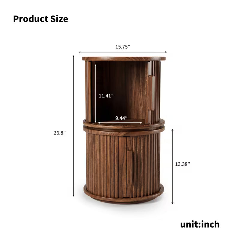 Dimension diagram of two fluted brown storage tables stacked vertically with the top door open