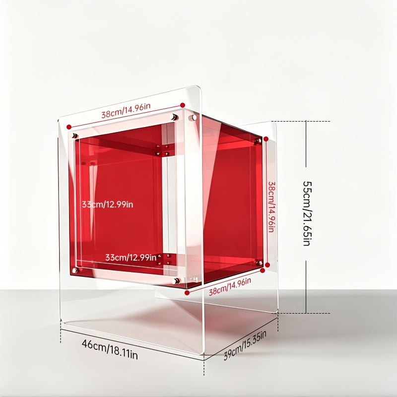 Dimension diagram of the red acrylic side table and clear outer supports