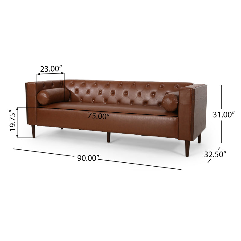 Cognac Button-Tufted Sofa with Bolster Pillows — supplier dimension diagram.