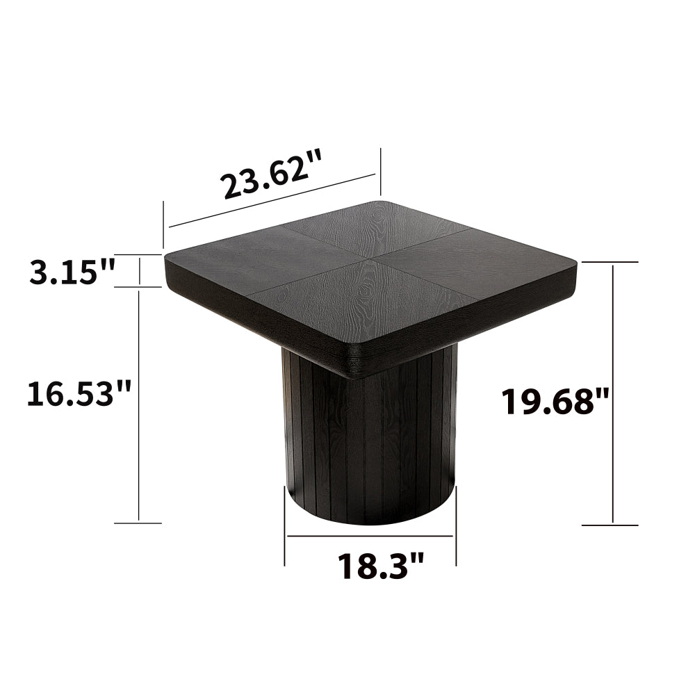 23.6-Inch Contemporary Square Side Table Featuring Solid Wood Veneer And a Parquet Design, a Minimalist Accent Table with a Grooved Cylindrical Base Suitable for The Living Room Or Bedroom in a Matte Black End