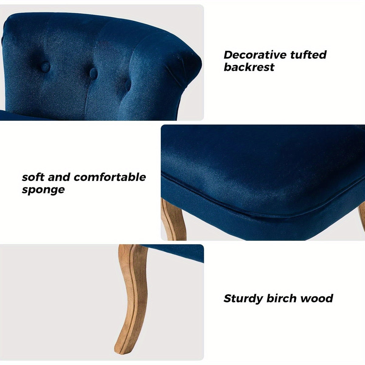 Detail collage showing the chair's tufted back, cushioned seat and curved wood legs