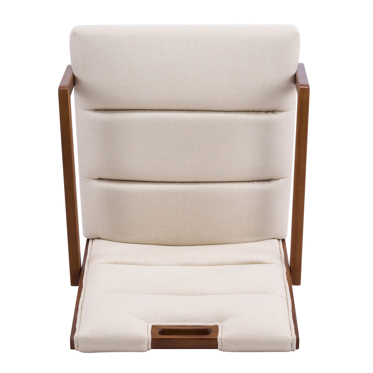 Walnut finish beige upholstered dining armchair with a rubberwood frame