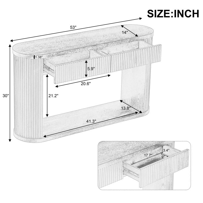 Oval fluted console diagram showing 53-inch width, 14-inch depth, 30-inch height and drawer measurements