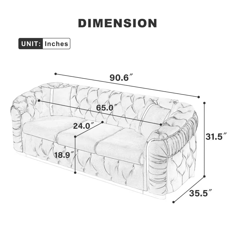 Velvet Chesterfield Sofa with Gold-Tone Trim — supplier dimension diagram.