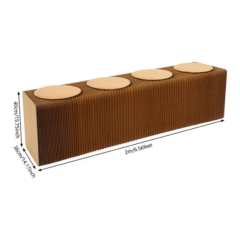 Expandable kraft paper accordion bench with round seat pads — dimension diagram