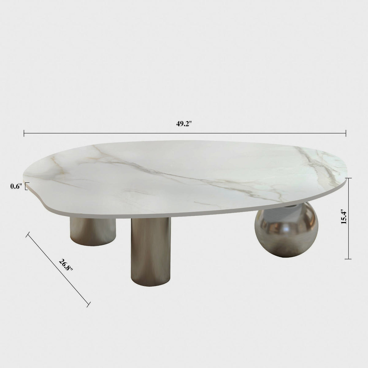 Dimension diagram of the freeform veined-top coffee table and metal-look legs