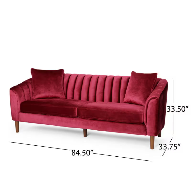 Wine Red Channel-Tufted Sofa — supplier dimension diagram.