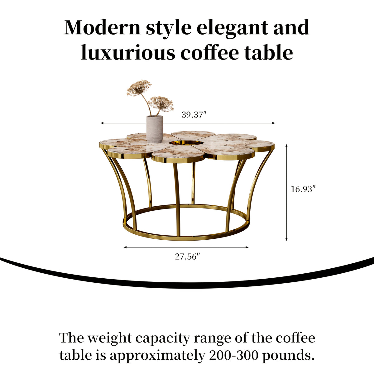 Coffee table dimension and capacity graphic with a flower-shaped top