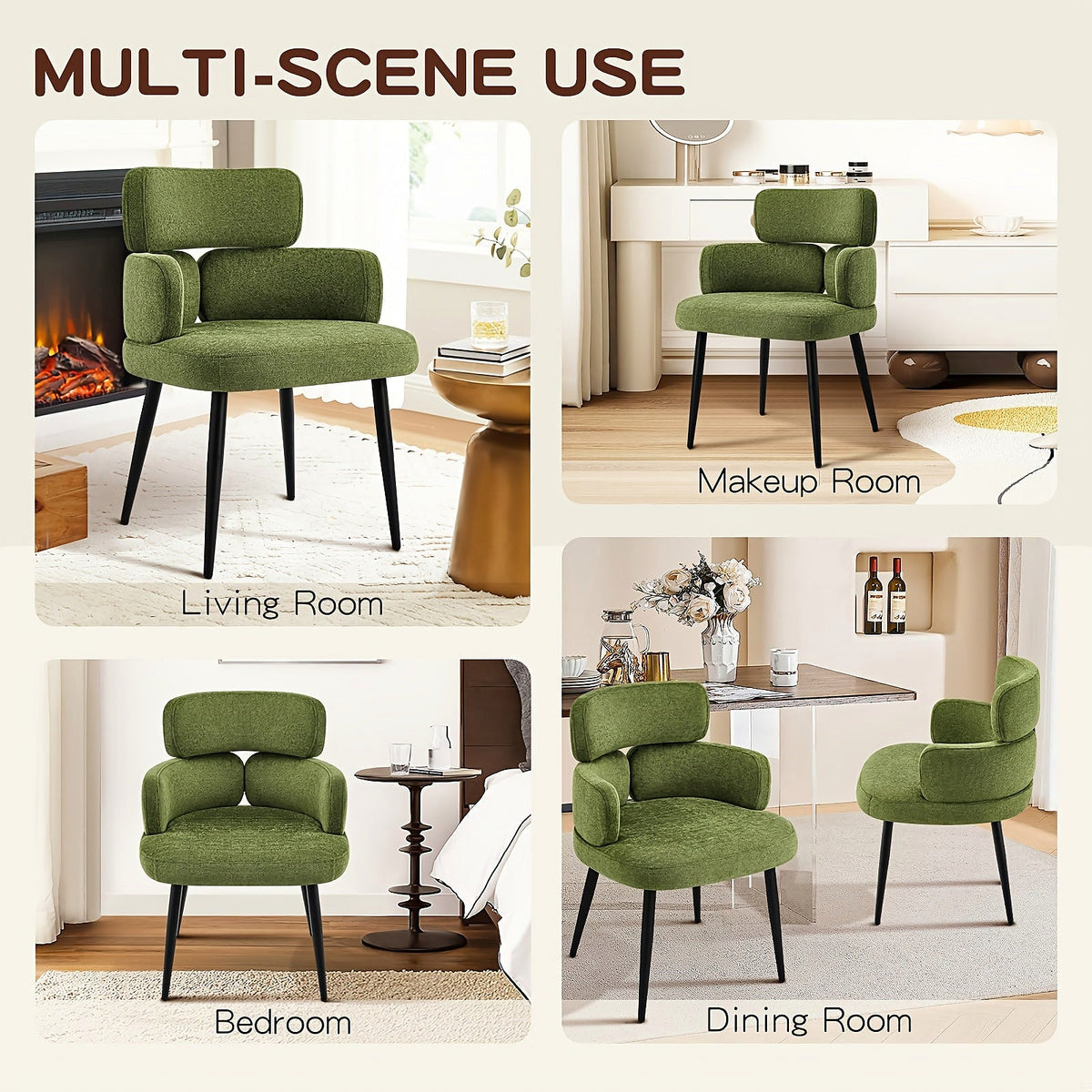 Green chenille accent chair with a segmented padded back and black metal legs — living room setting