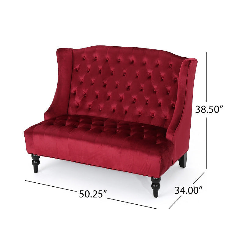 Wine red velvet loveseat dimension diagram: 50.25 inches wide, 34 inches deep and 38.5 inches high.