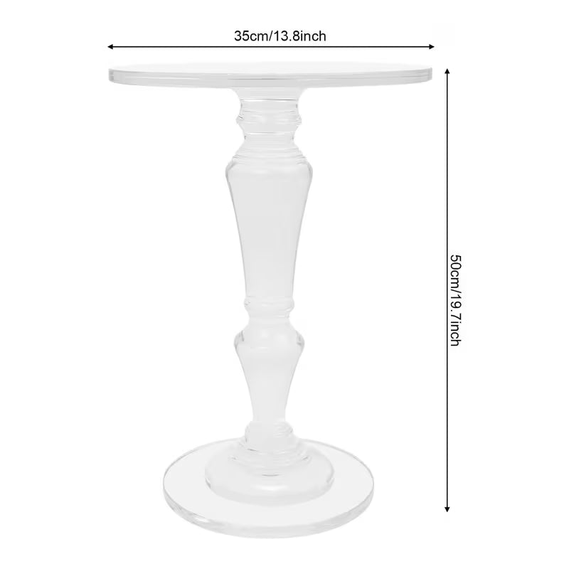 Dimension diagram of a colorless transparent round side table with sculpted pedestal