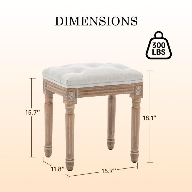 Vanity stool diagram showing 15.7-inch width, 11.8-inch depth, 18.1-inch height and 300 lb capacity