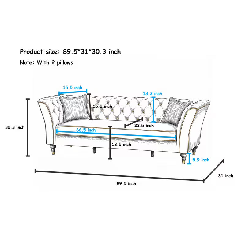 Chesterfield Sofa with Contrast Piping — supplier dimension diagram.
