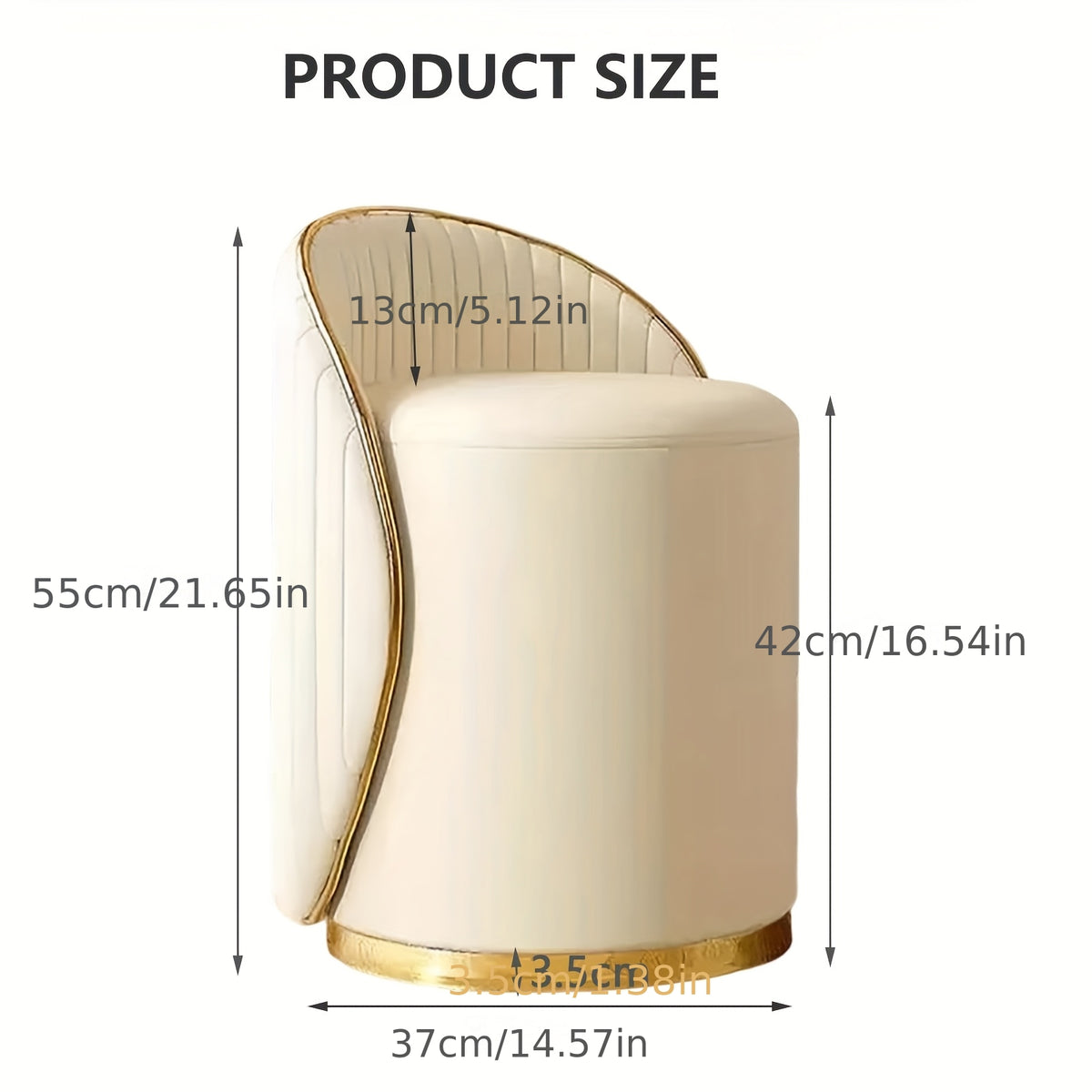Vanity chair dimension diagram showing back, seat and base measurements