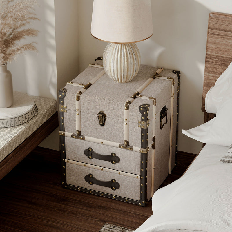 Vintage Trunk Nightstand with Two Drawers — trunk nightstand with two drawers beside a bed
