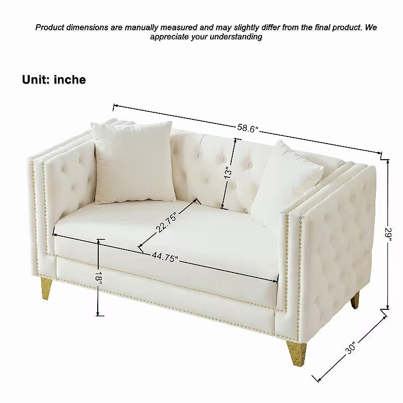 Beige Chesterfield loveseat dimension diagram, 58.6 inches wide by 30 inches deep by 29 inches high