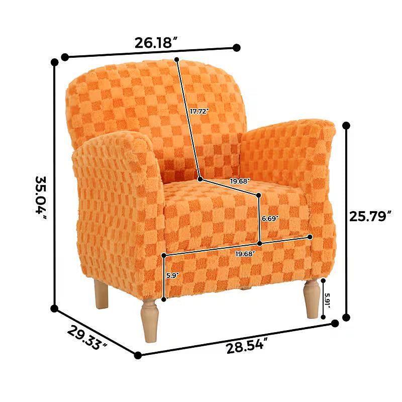 Orange checkerboard corduroy accent armchair with brown wood legs — dimension diagram