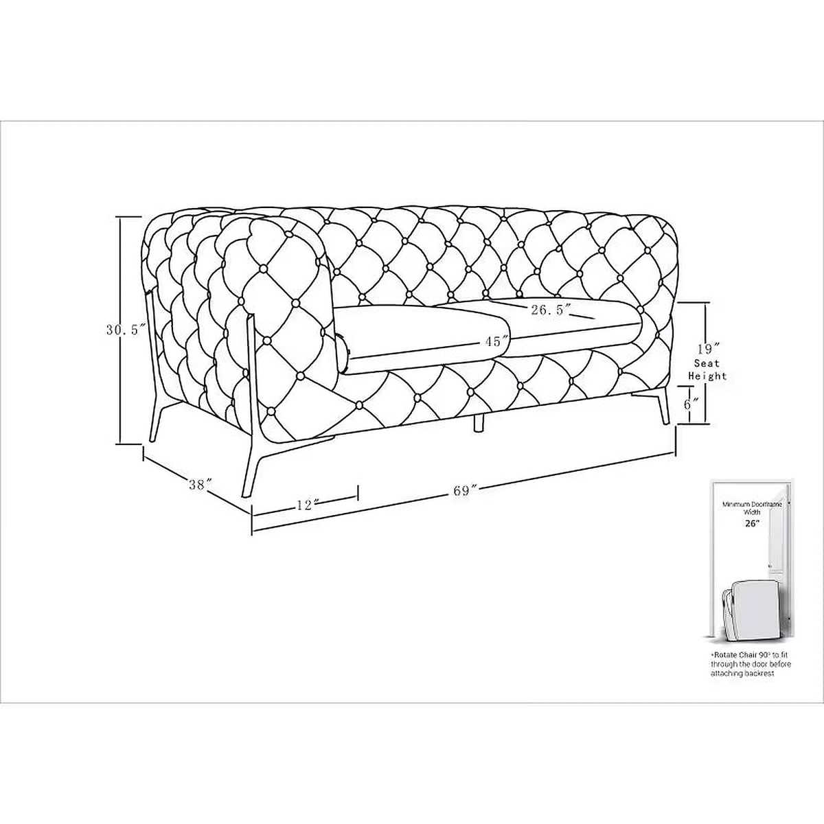 Marcello Black Top-Grain Italian Leather Tufted Loveseat