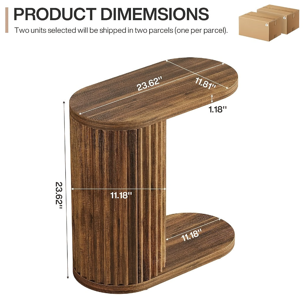 Dimension diagram showing the oval top and fluted panel of the side table.