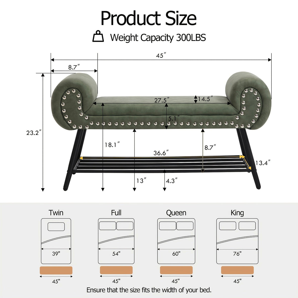 Green rolled arm upholstered shoe bench with a black metal rack and silver tone nailheads — dimension diagram