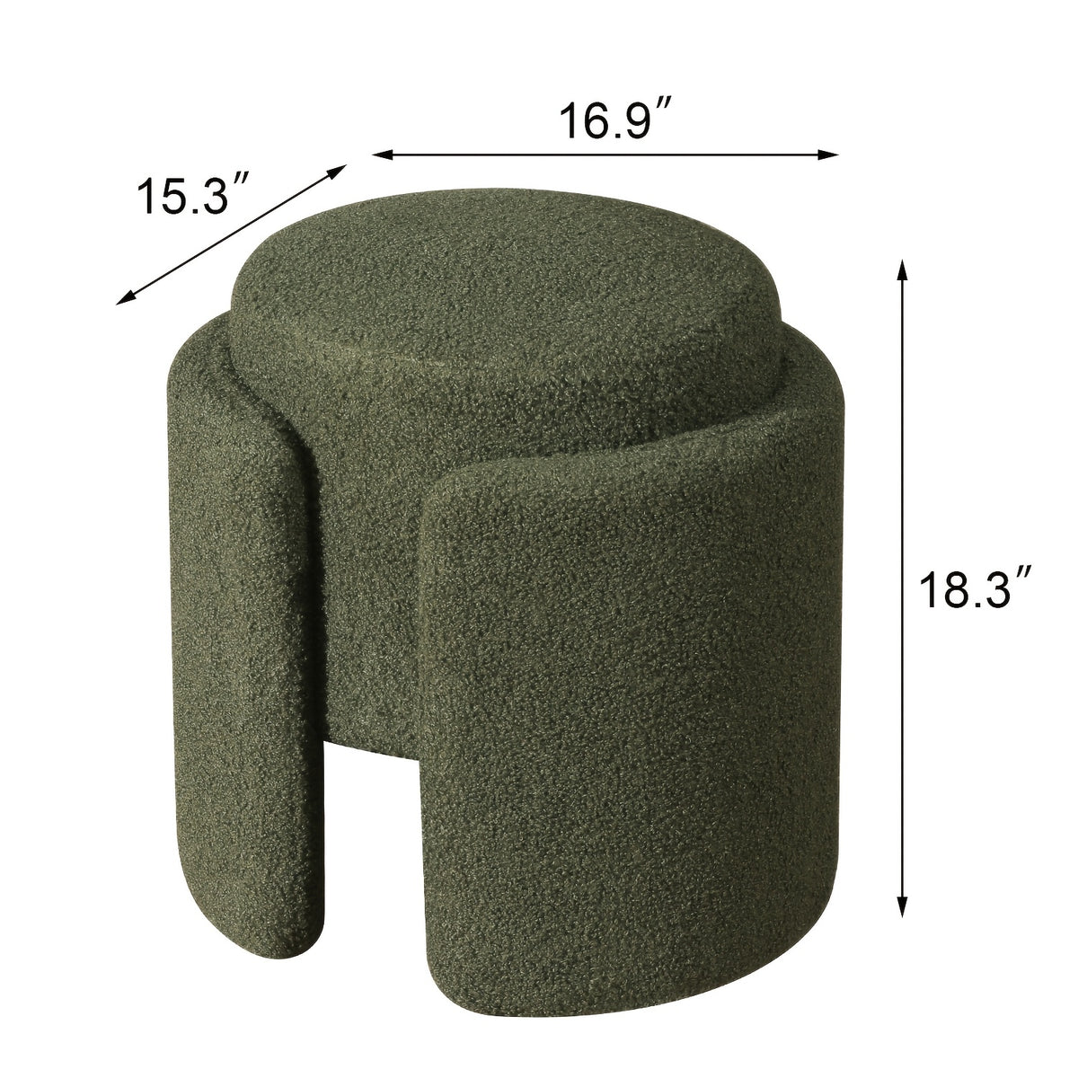 Green stool dimension diagram showing 16.9-inch width, 15.3-inch depth and 18.3-inch height