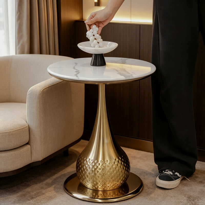Round Marble-Pattern Side Table with Hammered Base — main product image