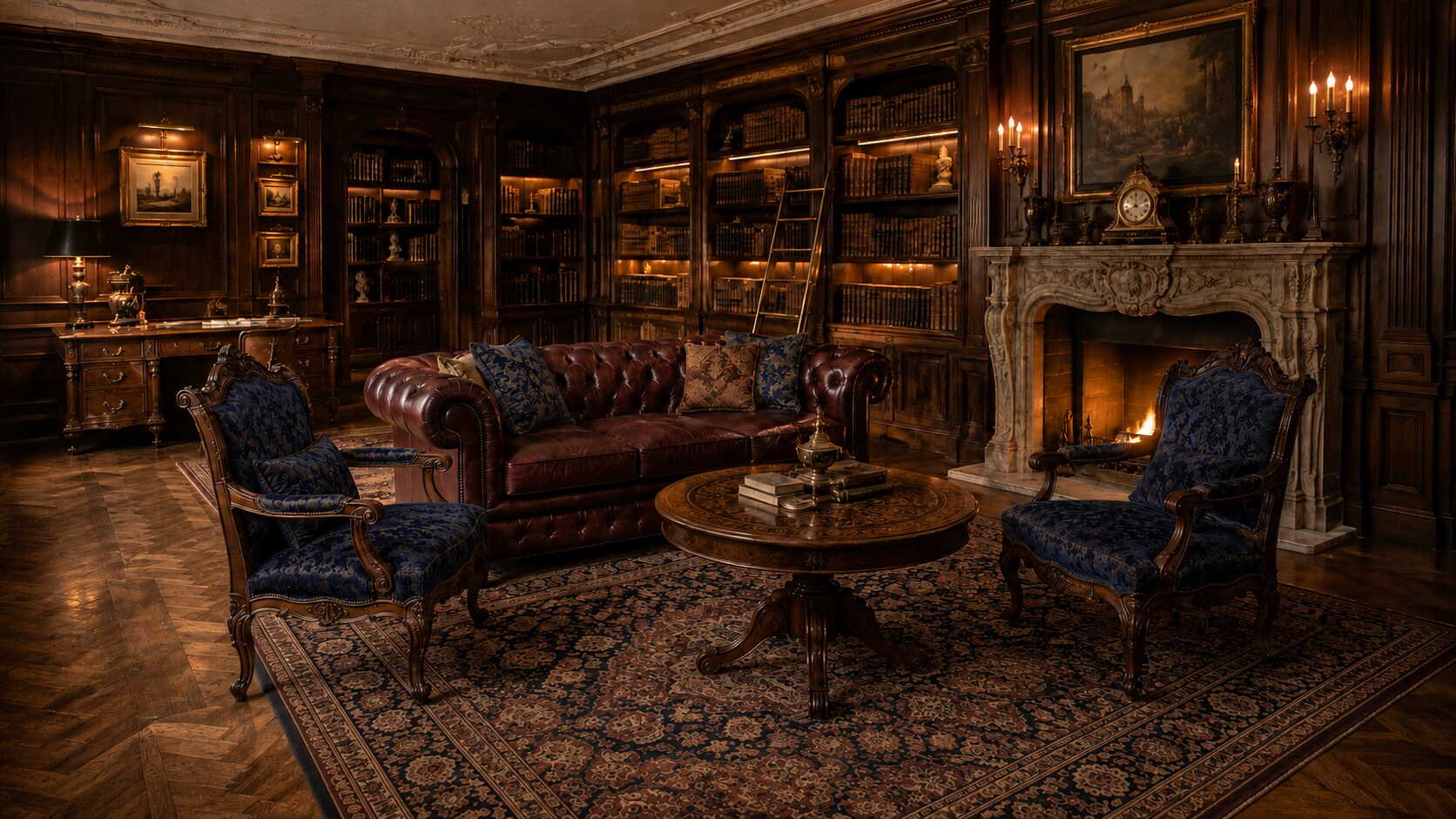 Walnut library with burgundy seating and patterned upholstery