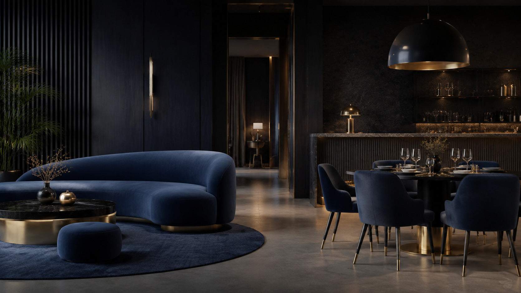 Navy lounge and dining interior with warm brass details