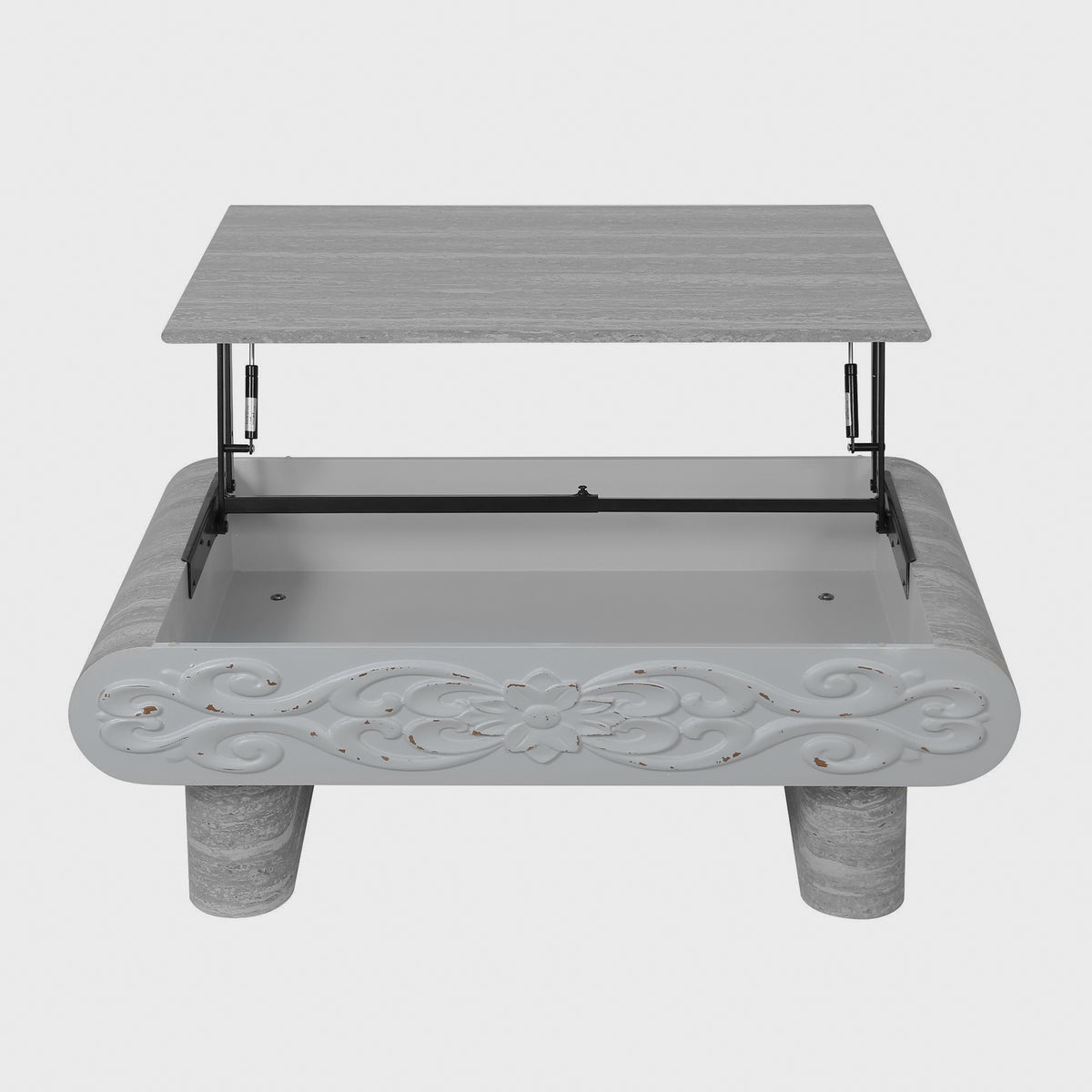 Gray coffee table with top raised to reveal hidden storage