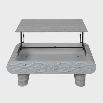 Gray coffee table with top raised to reveal hidden storage