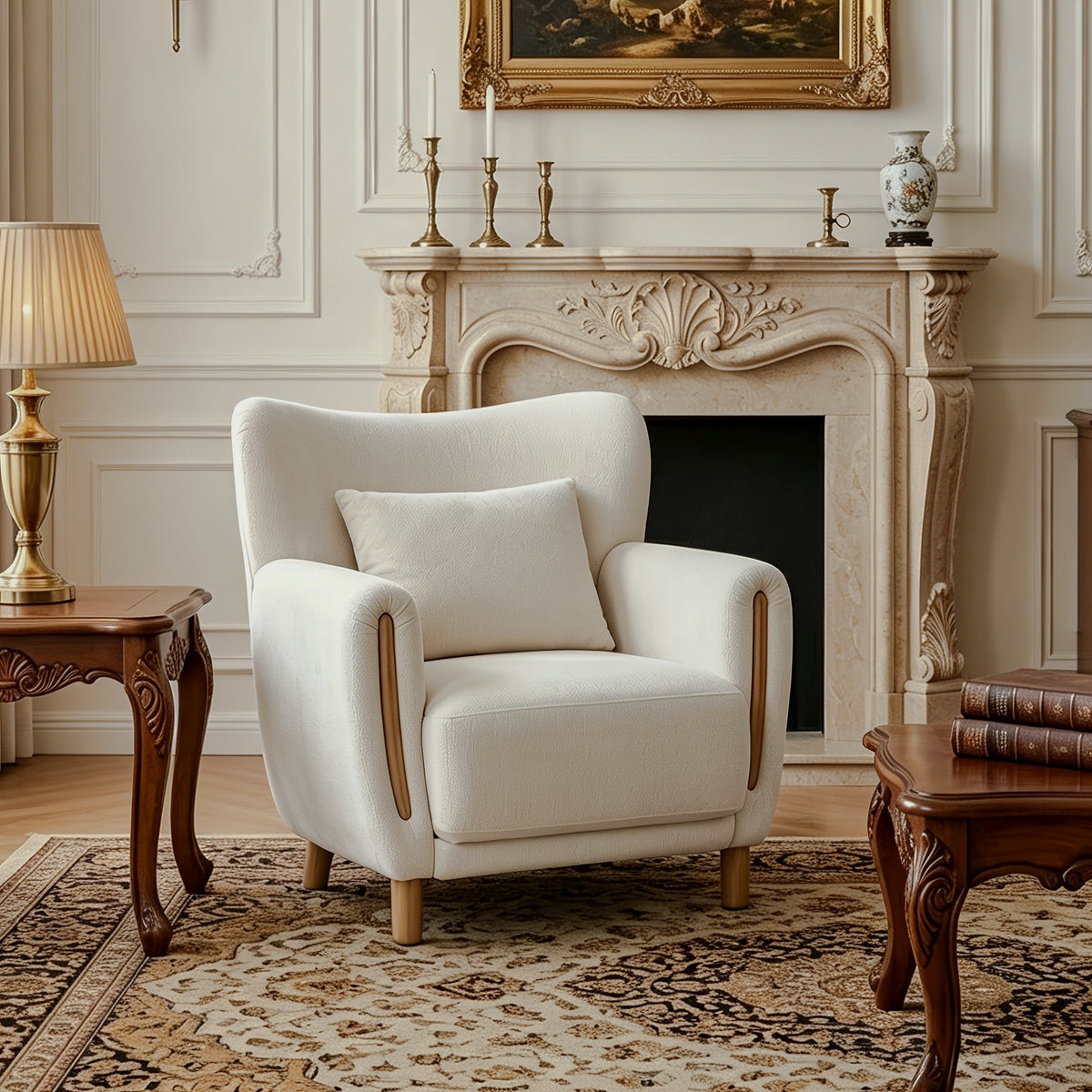Light beige chair by fireplace