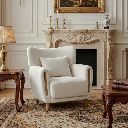 Light beige chair by fireplace