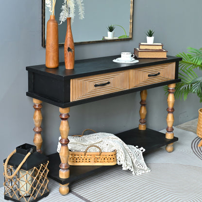 Angled view of the two-drawer console showing its turned legs and open lower shelf.