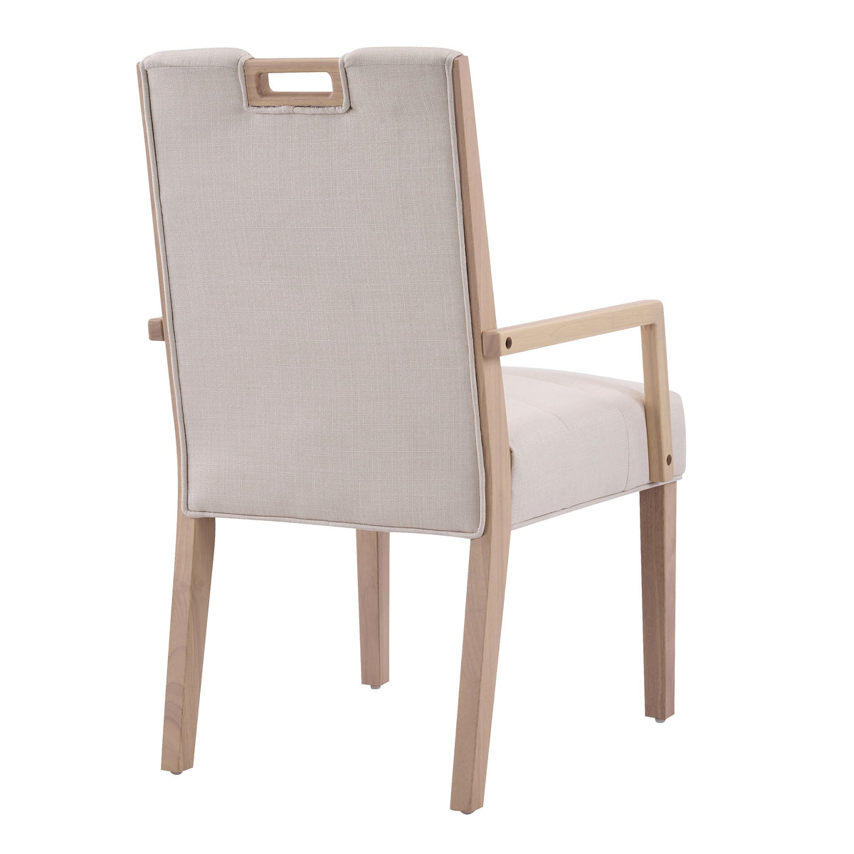 Natural finish beige upholstered dining armchair with a rubberwood frame