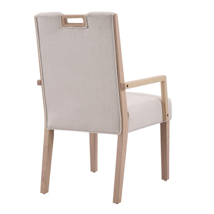 Natural finish beige upholstered dining armchair with a rubberwood frame